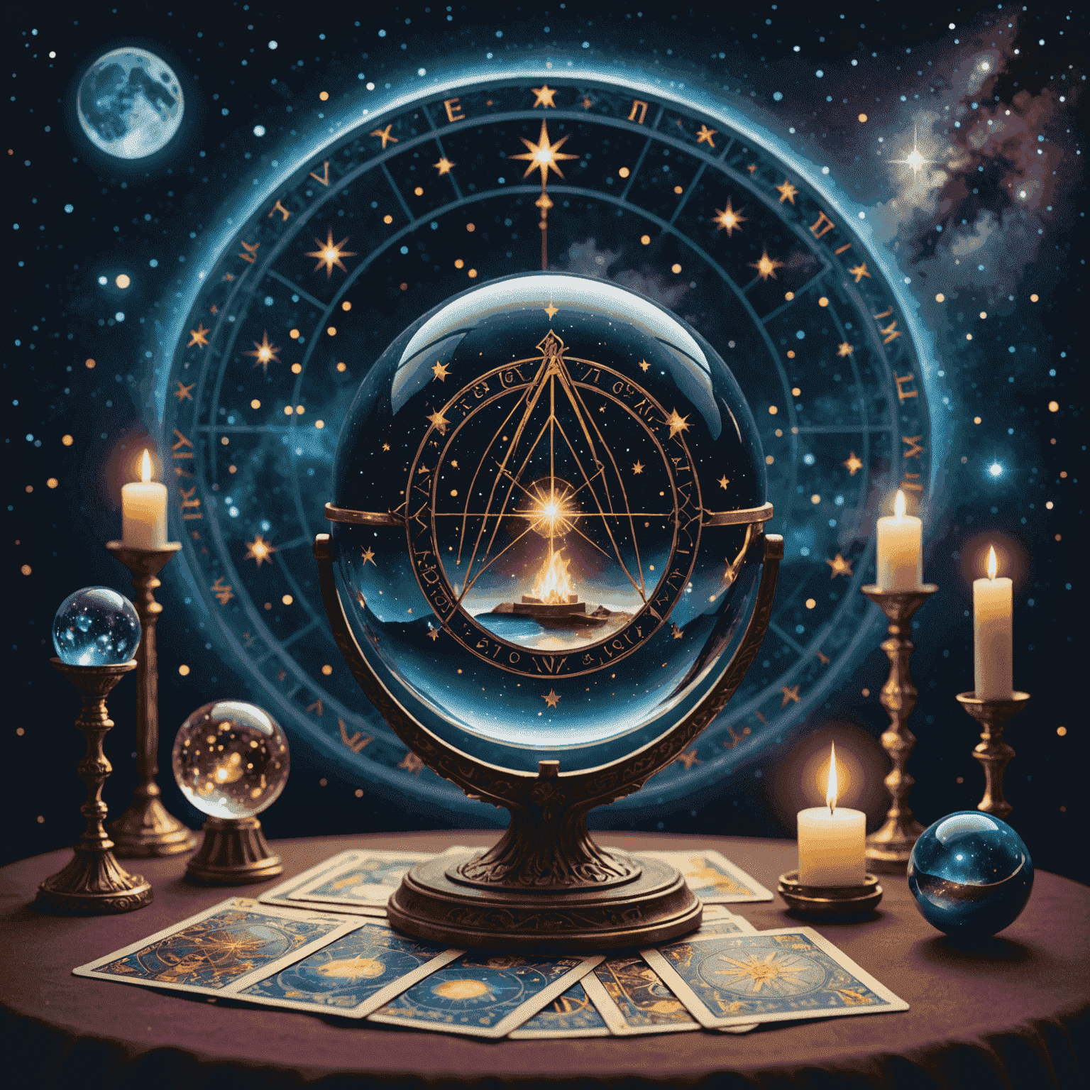 Ein mystisches Bild, das einen Sternenhimmel mit Tarotkarten und astrologischen Symbolen zeigt. Im Vordergrund schwebt eine Kristallkugel, die das Universum widerspiegelt.