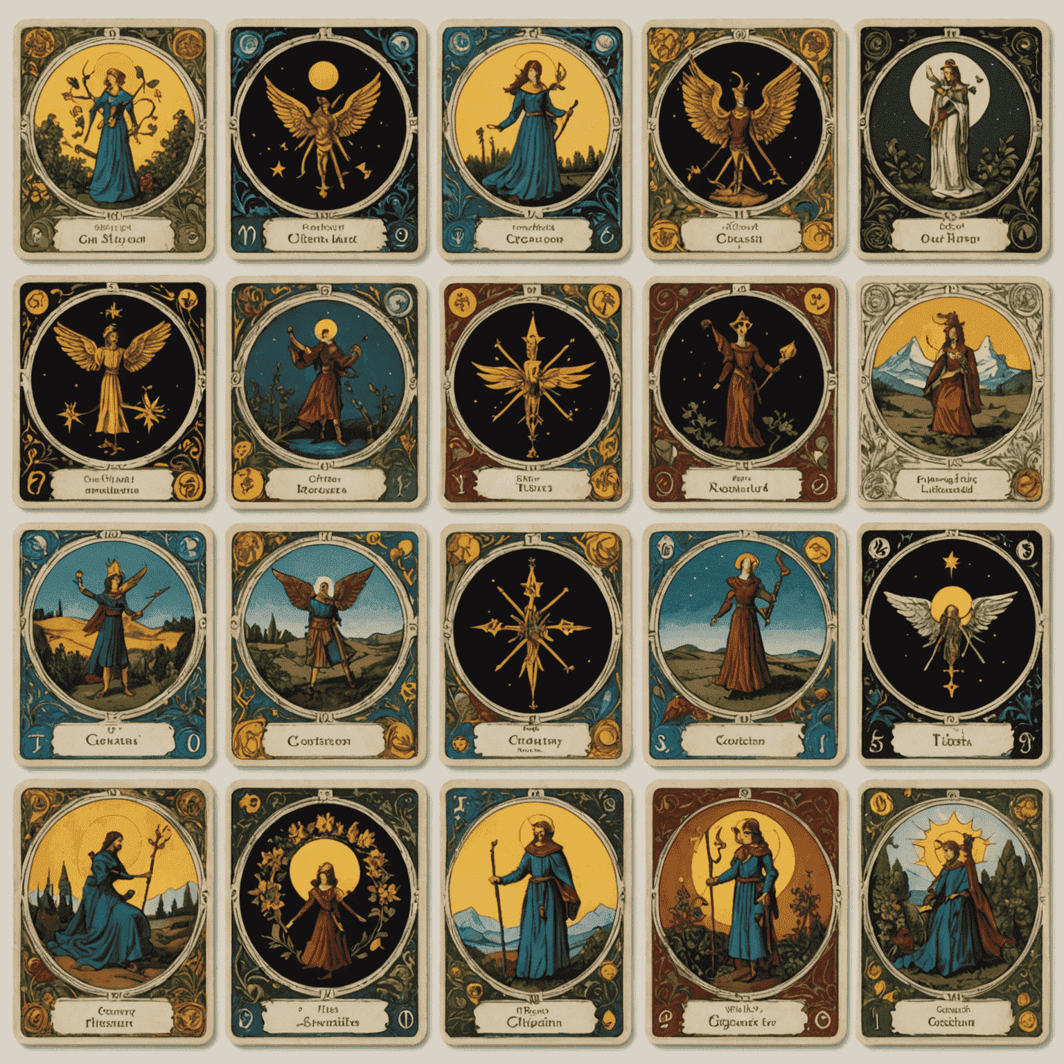 Eine Auswahl der 22 großen Arkana-Karten, die in einem Kreis angeordnet sind, um die Bedeutung im Tarot zu symbolisieren